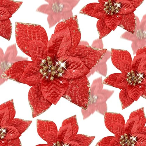 WILLBOND Glitzer-Weihnachtssterne in 3 Größen, für Hochzeit, künstliche Blumen, Weihnachtsdekoration, Ornamente für den Baum, im Freien (10,2 cm, 15,2 cm, 20,1 cm, rot), 24 Stück