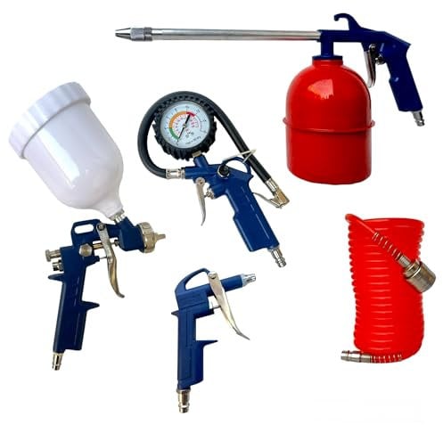Kit 5 Accesori per Compressore utensili ad Aria Compressa Aerografo + Gonfiatore per Pneumatici + Soffiatore per Pulizia + Pistola di Soffiaggio + Tubo a spirale