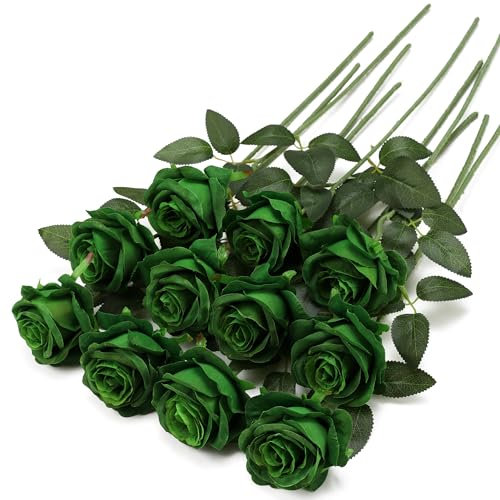 Tifuly Green Fake Roses Artificial Flowers - 10 Pcs Fake Artificial Vintage Green Roses Silk Flowers with Stems for Home Wedding Hotel Office Centerpiece Decor