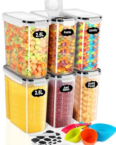 Cinnani Contenitori Ermetici per Alimenti 6 Pezzi, Contenitori Ermetici Alimentari Plastica con Coperchio, Senza BPA Organizer Cucina per la Conservazione di Pasta, Cereali, Muesli, Farina-2.5L