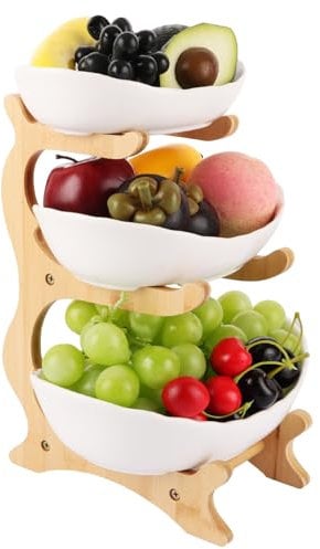 FWEEK Keramik Obst Etagere mit 3 Etagen, Weiß Mehrstöckiger Keramik-Obstkübel mit Bambusholzhalterung, Obstkorb 3 Stöckig Obstschale Obstkorb für Gemüse, Obst, Snacks und Brot