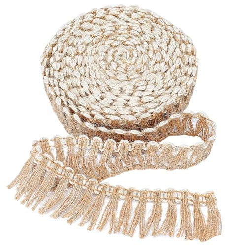 GORGECRAFT 5 Meter Jute-Fransen-Quastenband 32mm Breit Chainette-Jute-Spitzenbesatz Fransenkantenbesatz Zum Nähen Lampenschirm Vorhang Weihnachten Heimdekoration Bekleidungszubehör DIY-Handwerk