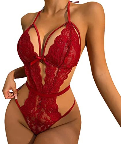 sexy dessous damen für sex dursichtige Unterwäsche sport bh damen Frauen Sexy O-Ausschnitt Unterwäsche Sexy Dessous Spitze Backless Lanyard Unterwäsche Verbundener Enger Half Cup Dessous (Red, M)