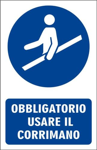 M-ITALY CARTELLO SEGNALETICO - OBBLIGATORIO USARE IL CORRIMANO - Adesivo Extra Resistente, Pannello in Forex, Pannello In Alluminio (20x31, Plastica)