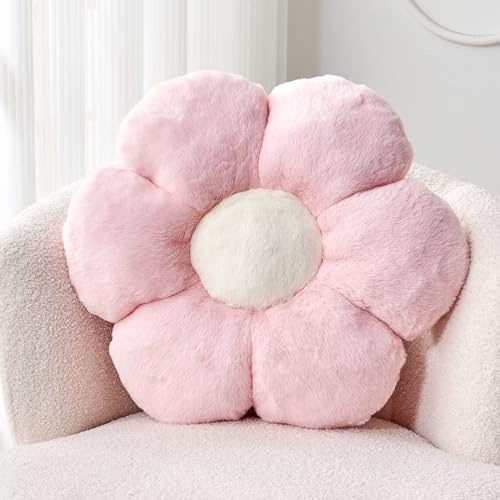 Kcvvcr Cuscino a forma di fiore rosa, grazioso cuscino decorativo a forma di fiore con pelliccia sintetica di coniglio, 38 cm, morbido cuscino in peluche a forma di fiore, cuscini da pavimento