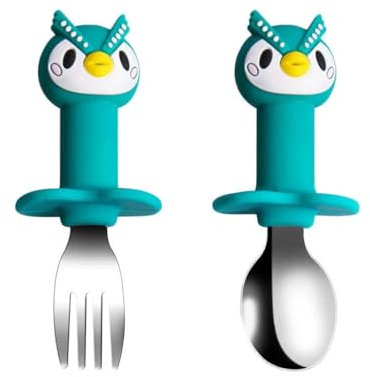 TNSRAY Kinderbesteck Eule Baby Besteckset, 2 Stück Baby Kleinkind Silikon Edelstahl Utensilien Besteck Löffelgabel Für BPA Kostenlos mit hält Anti Choke Design, Für Baby Kleinkind Esslernbesteck, Grün