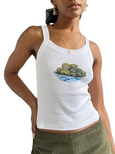 Betrodi Women Y2k Graphic Tank Tops Slim Fit E-Girls Going Out Camisoles Summer Cute Printed Sleeveless Crop Top Streetwear (Olive Bowl White, S)