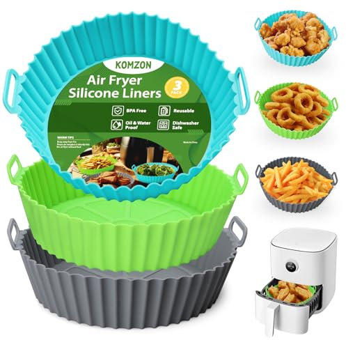 Komzon 3 Pack Air Fryer Silicone Liners, 8Inch Airfryer Liners, Air Fryer Basket Liners, Reusable Food Grade Air Fryer Basket Pots Oven Liner Baking Tray, Air Fryer Silicone Mat Accessories Kitchen
