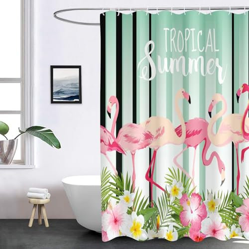SHROUDEX Flamingo Rideau de douche tropical palmier feuilles vertes 180 x 180 cm, flamants roses - Imperméable - 180 x 200 cm - En textile (5, 180 x 180 cm)