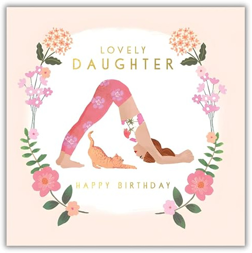 Geburtstagskarte für Tochter, spezielles Finish und Verzierungen, feminines Design, Katzen-Yoga, hergestellt in Großbritannien