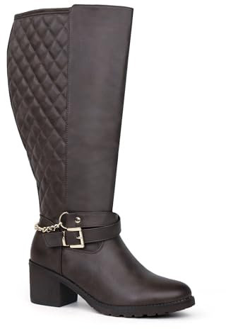 Chicblooms Stivali da equitazione da donna con gambo largo e tacco a blocco, stivali alti al ginocchio, marrone, 39.5 EU