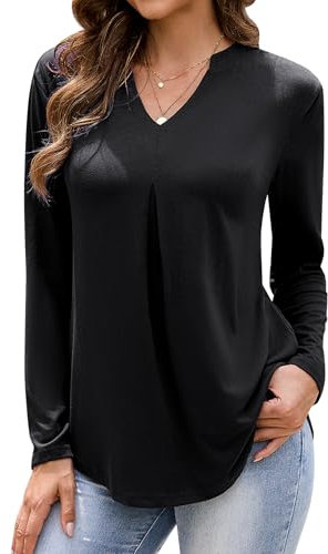 Aottori Black Long Sleeve Tops Women Casual Loose V Neck T-Shirts Ladies Cotton Pleated Base Layer Underwear Plain Basic Pullover Black M