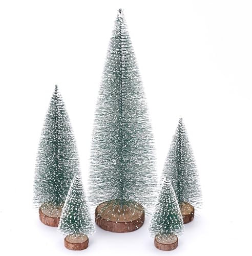 Diahom Juego de 5 mini árboles de Navidad con base de madera verde nieve, árbol de pino pequeño artificial para decoración de mesa de pueblo de Navidad