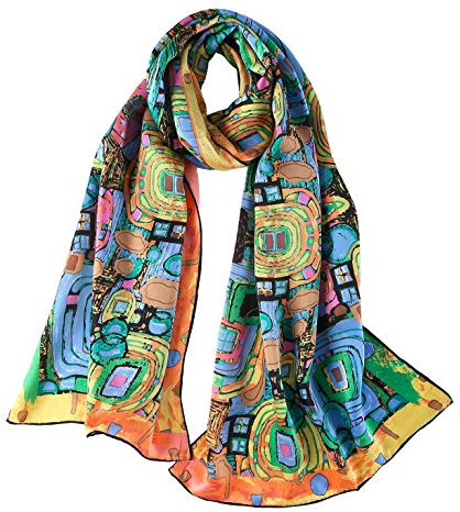 JWSilk Langer Charmeuse Seidenschal Klassischer Kunstdruck, Türkis/Ausflug, einfarbig (Getaway Solids), 63 x 17