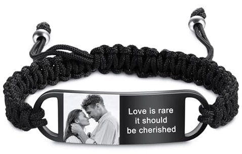 MeMeDIY Bracelet Personnalisé pour Homme Bracelet Photo Bracelet Gravé avec Texte du Nom Bracelet Tressé Réglable Cadeau de Bijoux pour Homme/Mari/Fils -A1
