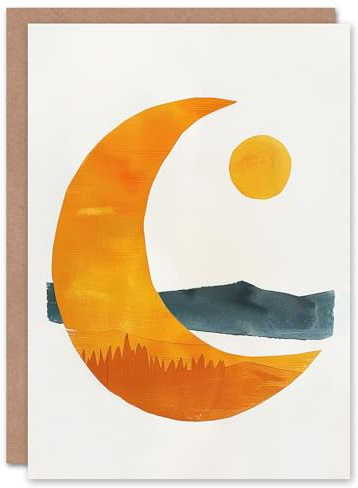 Artery8 Greeting Card Abstract Crescent Moon Sun Sea Orange Blue Boho Blank For Him Or Her Art Birthday Card