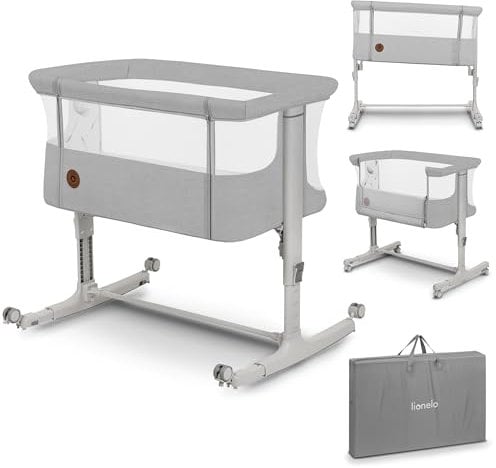 lionelo Aurora 3in1 Baby Bedside Cot Co-Sleeper for Babies From Birth to 9kg, Adjustable Height & Incline, Mattress, 4 Lockable Wheels, Breathable, Portable, Washable, Bag, Straps