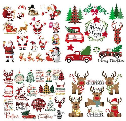 4 Packs Christmas Iron on Patches for T-Shirt Classic Buffalo Plaid Heat Transfer Vinyl HTV Decals Cute Santa Claus Elk Snowman Car Design Iron on Transfer Sticker for Clothing Jacket Pillow DIY Craft