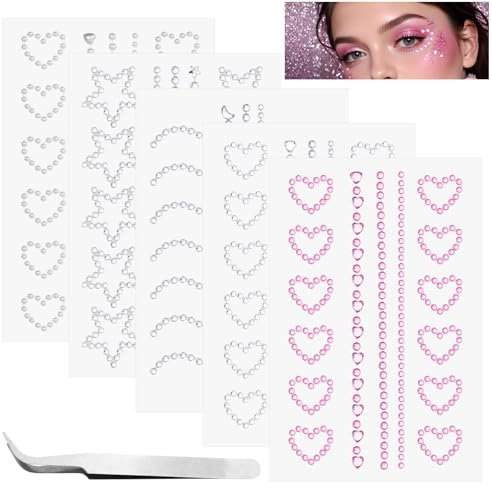 5 Blatt Glitzersteine Aufkleber, Glitzersteine Selbstklebend Strasssteine Selbstklebend mit Pinzette Bling Glitzersteine Gesicht Selbstklebende Strasssteine Gesicht für Weihnachts Festival Schminke