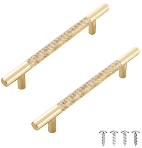 lixulluo 2 PCS Gold Cupboard Handles 128mm Wardrobe Handle Knurled Kitchen Handles Golden Drawer Handle with Screws for Cabinet Drawer Dresser Door Home Bathroom Pulls (Hole Centers: 128mm)