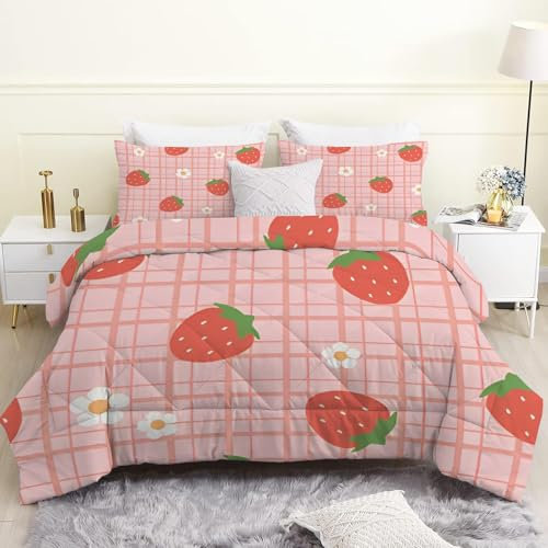 FamHarbor Bettdecke 135x200 cm, Rote Erdbeere, Wende Steppdecke Ganzjahresdecke Waschbare, Weiche Schlafdecke Bettdecke ohne Bezug, 4 Jahreszeiten Bettdecken 135 x 200, A1810
