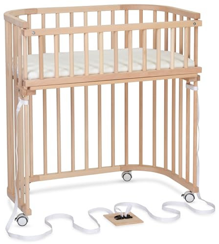 babybay Boxspring Beistellbett aus massivem Buchenholz/kompakt & verwandelbar/Kinderbett Höhe stufenlos verstellbar/mitwachsendes Babybett (Natur unbehandelt) / inkl. Matratze, Gitter, Rollen