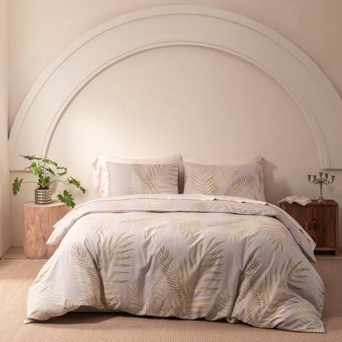 YASMENG Bettwäsche 220x240 Gold Beige Blätter Bettwäsche Gold Blätter Motiv Modern Bettbezug Set Weich Mikrofaser Blätter Gold Bettwäsche 3 Teilig mit Reißverschluss und 2 Kissenbezüge 80x80 cm