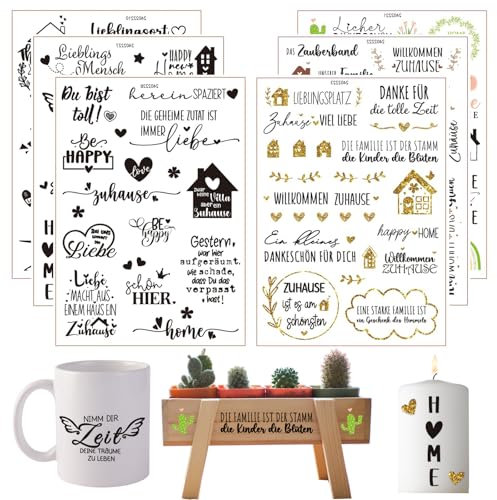 6x Rub On Sticker Transferaufkleber Rub-Ons selber machen, Rub-On-Sticker Sprüche, Rub On Folie Frühling, Spruch-Deko zum Geburtstag, Hochzeit, Zuhause für Möbel, Glas, Holz, Fotoalbum, DIY-Deko