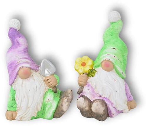 damaloo Juego de 2 figuras de gnomo de 16 cm – gnomos de jardín para exterior – Cerámica decoración de primavera – Duende de Pascua – Decoración de otoño para jardín – Decoración de primavera enanos