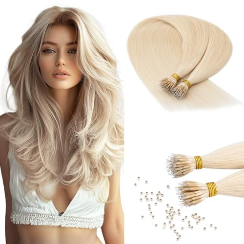Benehair Nano Ring Hair Extensions Real Human Invisible Remy Straight #70 Bleach White Nano Hair Extensions 50 Strands 20 Inches (35g)