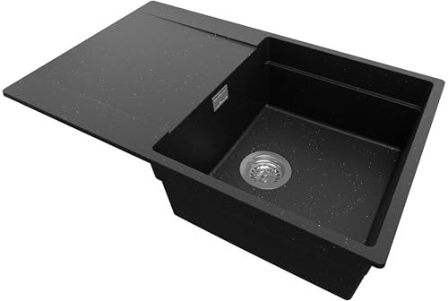 PRIMAGRAN Evier Cuisine en Granit Noir Métallisé 78x50cm, Lavabo 1 bac + Kit de Vidage, Évier à Encastrer al mueble 50cm - San Francisco S004