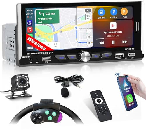 Inefala Autoradio CarPlay 1 DIN avec Wireless Carplay et Android Auto sans Fil, Radio avec écran 6,9 Pouces avec Bluetooth, Mirror Link, Compatible FM/RDS, EQ, USB, Type C, Recharge USB
