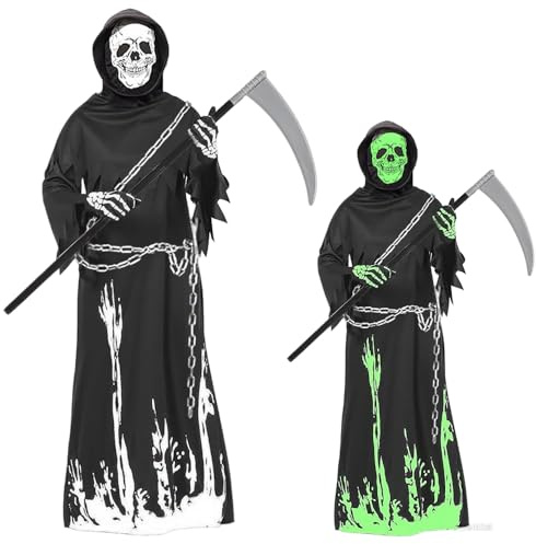 Yi'antai Costume Mietitore Bambino, Grim Reaper Costume con Guanti Falce e Catena, Costume di Halloween Fosforescente, Costume Della Morte Bambino, Vestito Fantasma bambino per Giochi di Ruolo