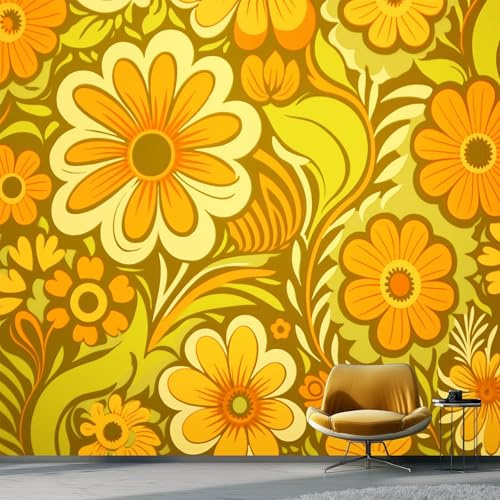 Murals Photo Wallpaper Fashion Floral 400 x 280 cm (W x H), Retro Decor Non-Woven Mural Wallpaper Wall for Background Decoration, Yellow Art Poster Picture for Living Room Bedroom