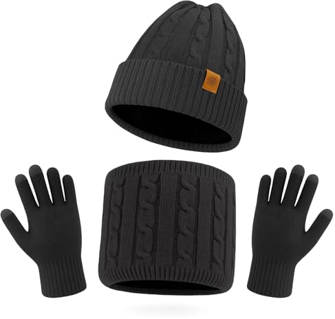 TOPTIE Wintermütze Schal Touchscreen Handschuhe Set thermo Beanie Mütze