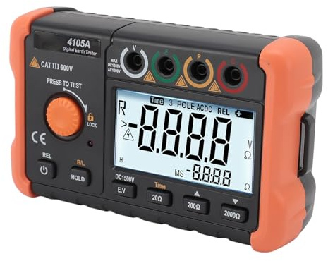 KIMISS Medidor de Resistencia a Tierra de 0.1Ω a 1999Ω Probador LCD Retroiluminado para Resistencia a Tierra, Medición Precisa de Voltaje hasta 1000V, Diseño Portátil, Incluye Cables de Prueba y
