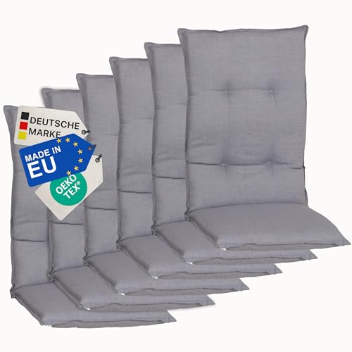 NYVI Gartenstuhl Auflagen Hochlehner 6er Set Barcelona - UV-Beständig, Atmungsaktiv, Strapazierfähig - Hochlehnerauflagen Sitzkissen Outdoor - Sitzauflagen für Gartenstühle 118x50cm Mittelgrau