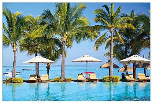 Wallario Küchenrückwand selbstklebend 90 x 60 cm, Motiv: Sonnenschirme am Südsee-Palmenstrand mit blauem Meer-Wasser | Spritzschutz abwischbar & pflegeleicht