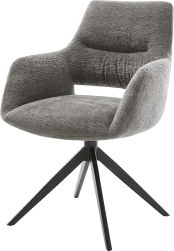DELIFE Esszimmerstuhl Yago-Flex mit Armlehnen Kreuzgestell breit Schwarz Bouclé Soft Schlamm 360° drehbar Wippfunktion Taschenfederkern