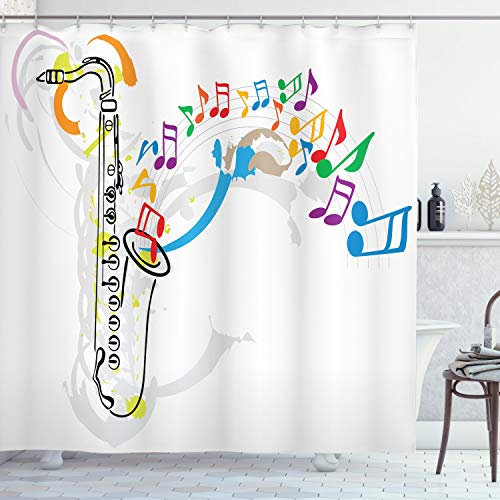 ABAKUHAUS Jazz Duschvorhang, Festival Musiknoten, mit 12 Ringe Set Stielvoll Modern, 175x200 cm, Orange Grün Rot