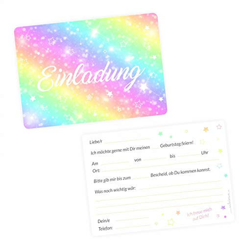 nikima Schönes für Kinder 10 Einladungskarten Regenbogen Sterne mit Glitzer inkl. 10 transparenten Briefumschlägen Kindergeburtstag Mädchen Bunt Einladung Sterne PARTY Bunt