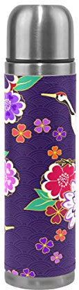 WowPrint Travel Mug, Japanese Flower Animal Crane Art Insulated Stainless Steel Water Bottle Leak Proof Double Wall Thermos Vacuum Flask Genuine Leather Wrapped 500ml