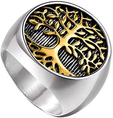 HIJONES Religieux Ancien Classique Arbre de la Vie Sceau Bague pour Hommes en Acier Inoxydable avec Ronde Argent Or Taille 66