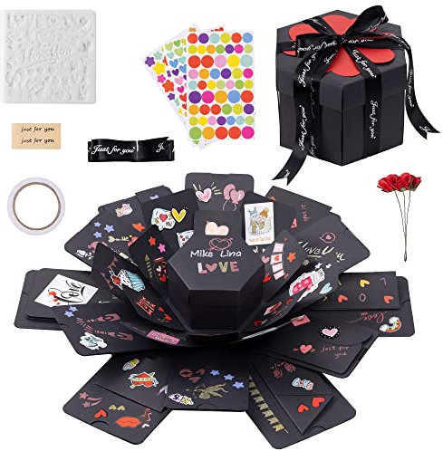 int!rend Geschenkbox Überraschungsbox - DIY Explosionsbox Inkl. 5 Fotokarten & 9 Vorlagen + 5 Schablonen + 3 Markern + Stickern & Schleife - Fotobox Geschenk zum Geburtstag