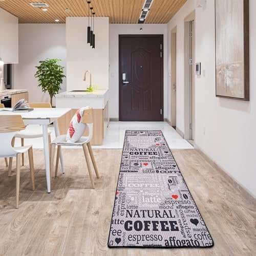 miqna Teppich Moderner Küchenteppich Gel Läufer Küchenläufer Grau Weiß Schwarz mit rutschfestem Bodenmuster mit Schriftzug Coffee Macchiato (grau, 60 x 140)