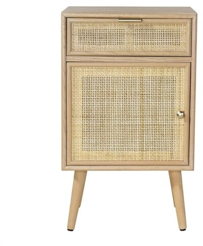 Calicosy - Table De Chevet 1 Tiroir 1 Porte - Placage Bois Frêne - Cannage en Rotin Naturel - MDF - 4 Pieds en Sapin - pour Chambre, Salon, Bureau - Style Exotique - L 47 x P 40 x H 55 cm