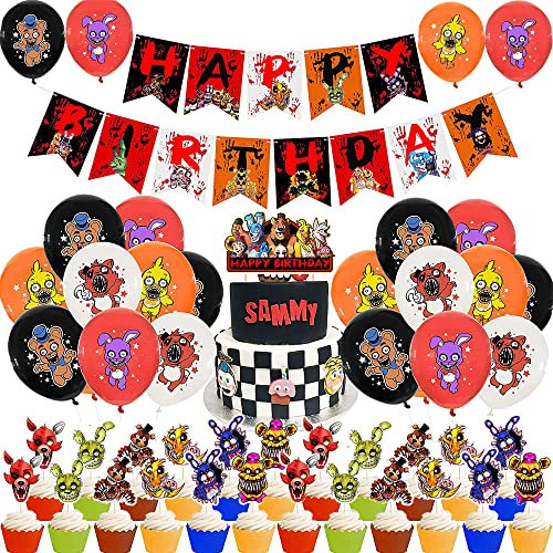 rosepartyh Five Nights at Freddys Geburtstag Dekorationen Luftballons Alles Gute zum Geburtstag Girlande Kuchendeckel Kinderpartyzubehör für Videospiel Thema Geburtstagsfeier Deko