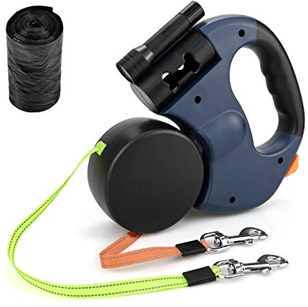 Guinzaglio doppio retrattile per cani, rinforzato, allungabile, con manico antiscivolo, con luce a LED e scatola della spazzatura, per camminare con 2 cani, fascia in nylon resistente anti-groviglio a
