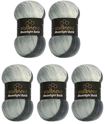 Wollbiene Moonlight Batik Strickwolle 500g zum Stricken und Häkeln - 20% Wolle, Türkische Farbverlaufswolle (5x100g, 5000 Schwarz Grau Weiß)