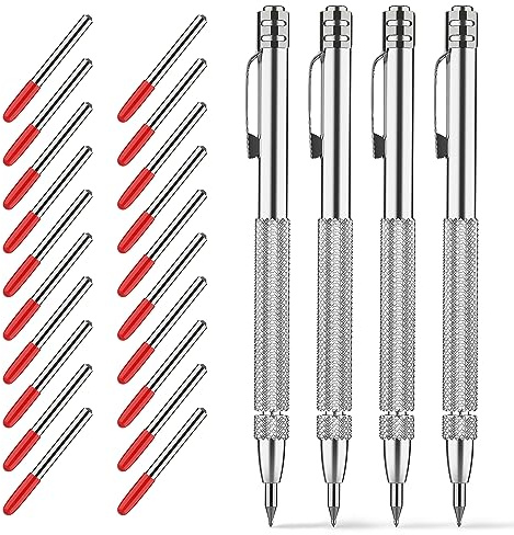 Glieskir 4 Pack Tungsten Carbide Scriber Tool Set with Magnet - Professional Metal Engraving Pen, Extra 20 Carbide Replacement Tips - Ultimate Scribing Tools for Glass/Ceramics/Sheet Metal Marking